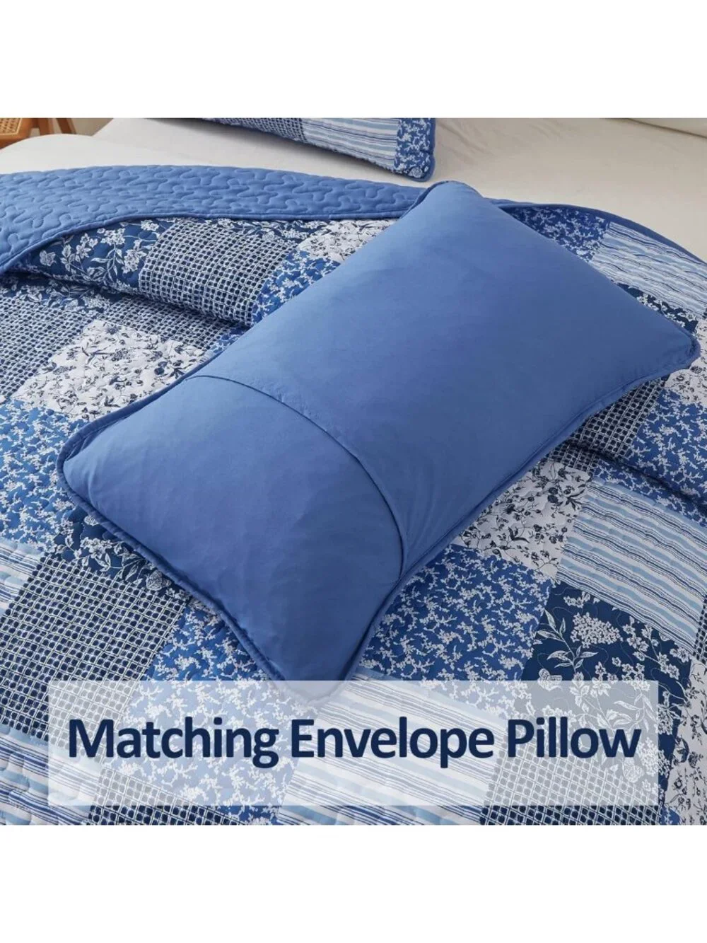 Blue Boho King Quilt Set - 3 Piece Plaid Floral Reversible Bedspread for All